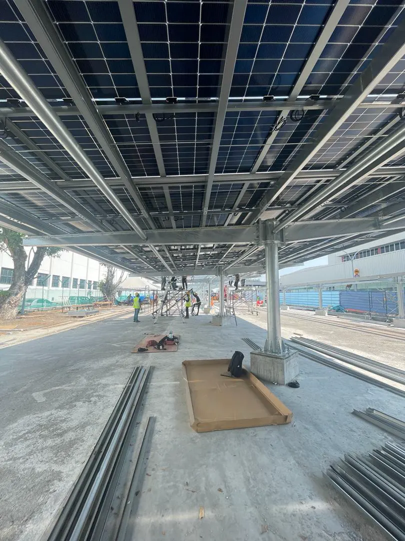 Solar carport structure installed at a manufacturing plant
