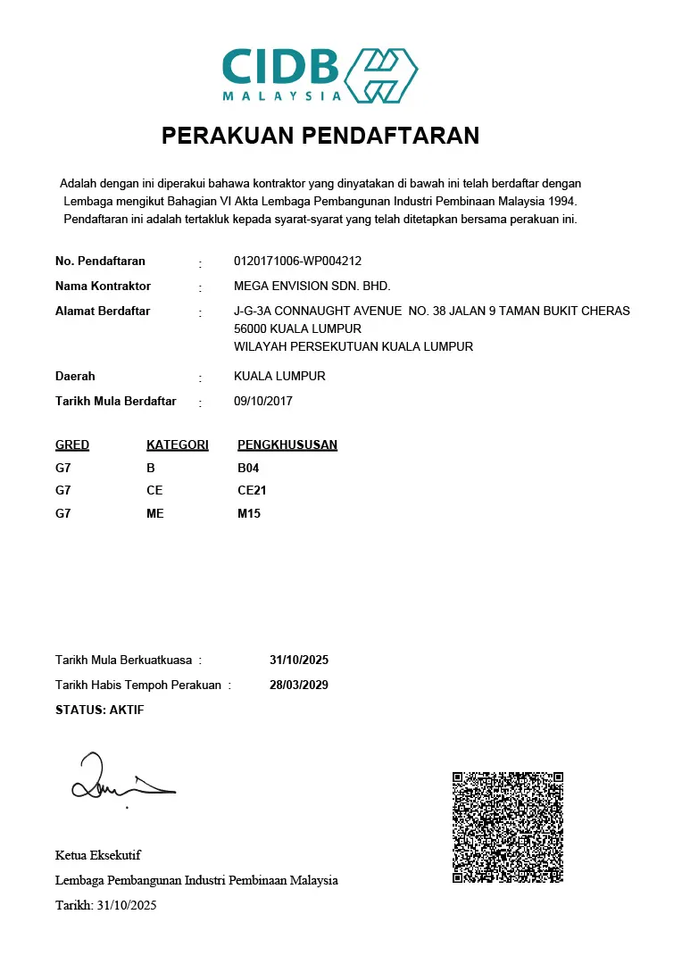 CIDB Malaysia certificate of registration, Grade G7