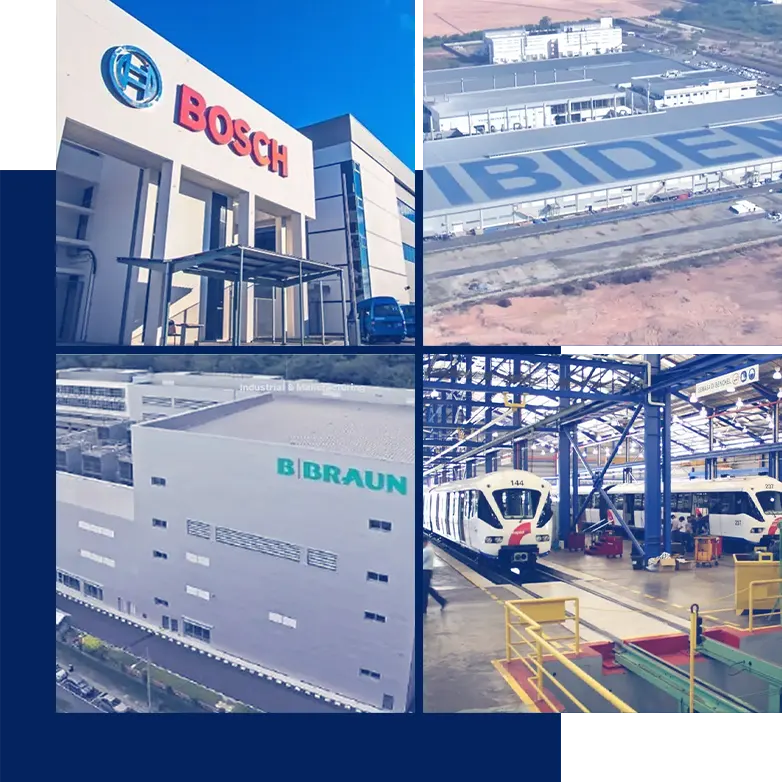 Client facilities including Bosch, Ibiden and B. Braun plants, and a rail depot