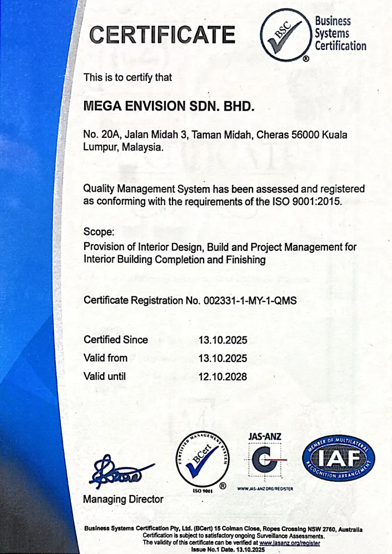 ISO 9001:2015 certificate issued to Mega Envision Sdn Bhd