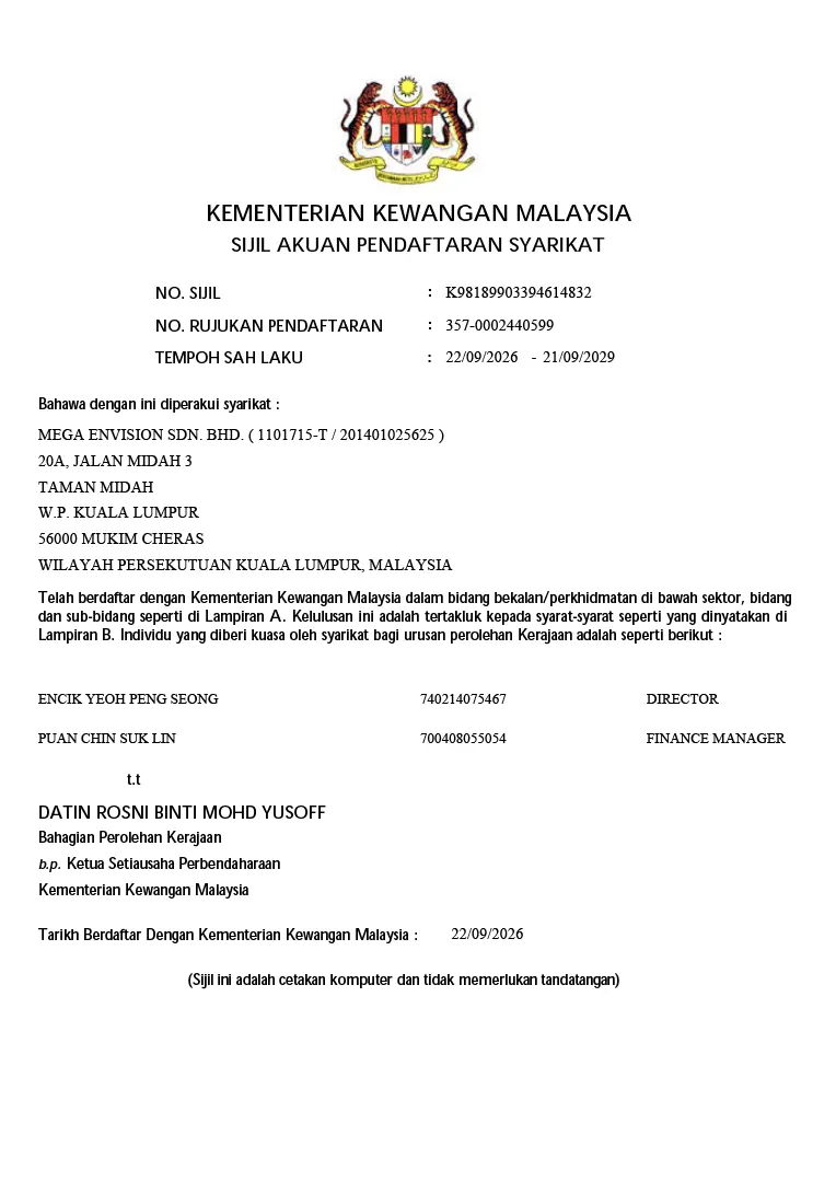Ministry of Finance Malaysia company registration certificate